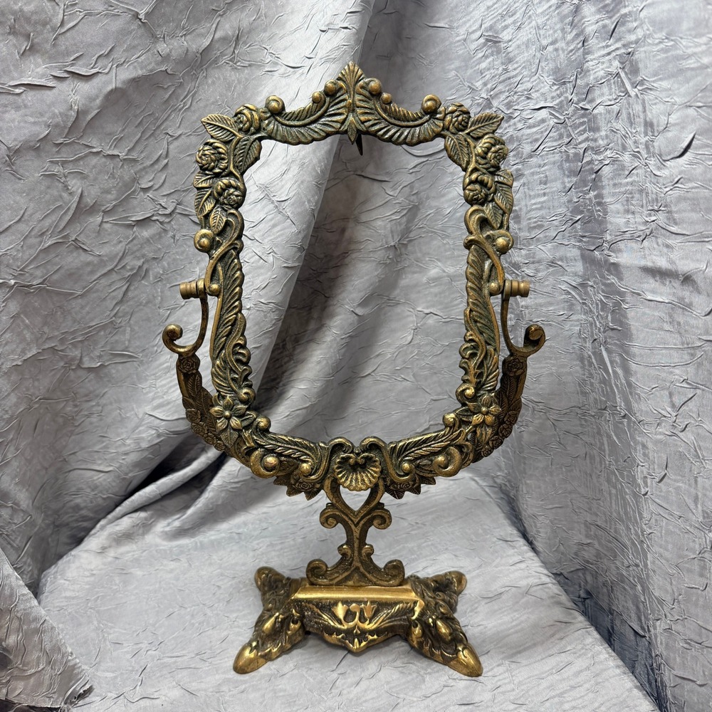 Vintage Ornate Brass Swivel Vanity Mirror Frame Floral Scrollwork Pedestal 15"